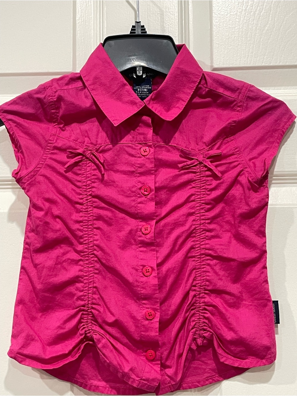 Guess Girls Button-Front Short Sleeve Shirt in Hot Pink